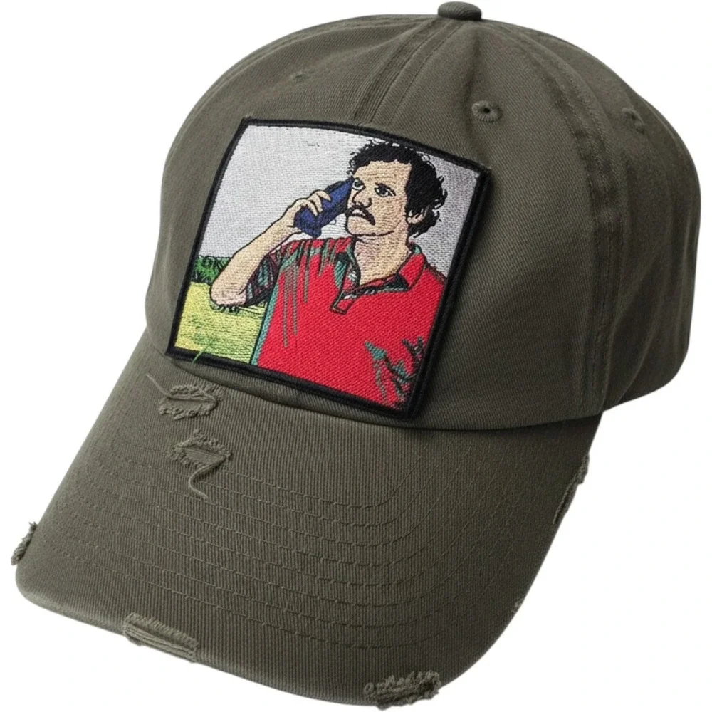 MV Dad Hats Distressed Olive Green Baseball Cap Man on Phone Patch Adjustable G1